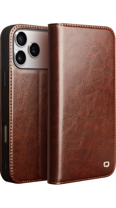 iPhone 17 Pro Case Hülle - Qialino Flip Classic Wallet Echtleder - Braun