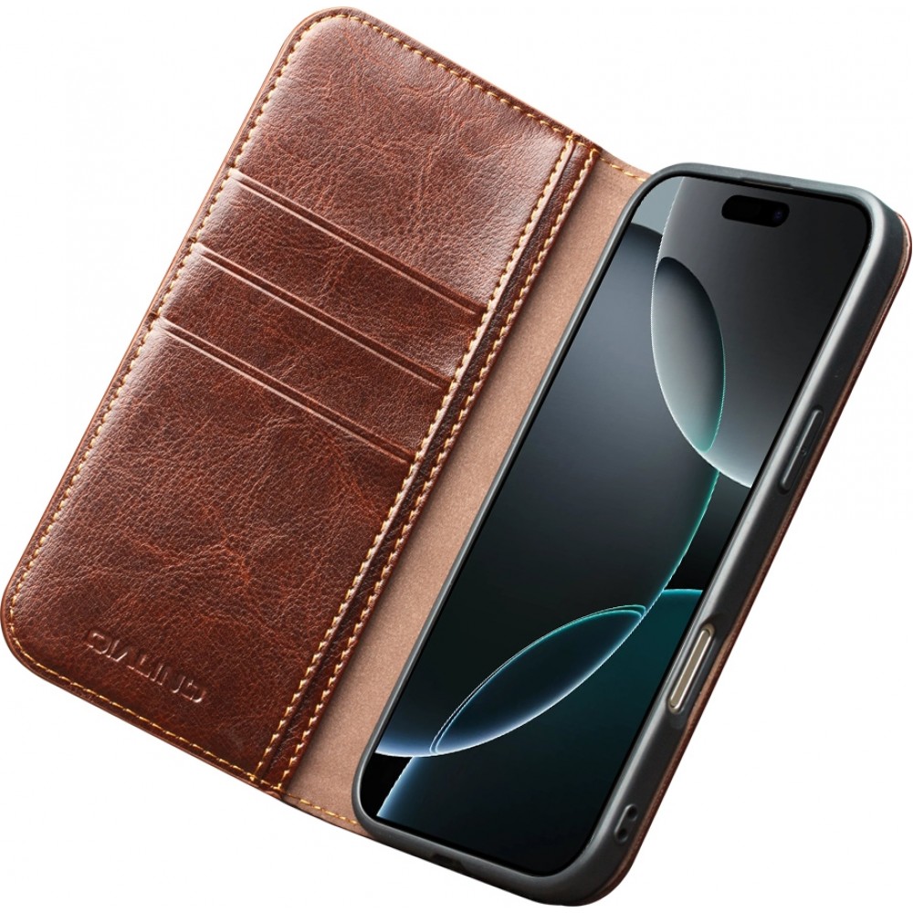 iPhone 17 Pro Case Hülle - Qialino Flip Classic Wallet Echtleder - Braun