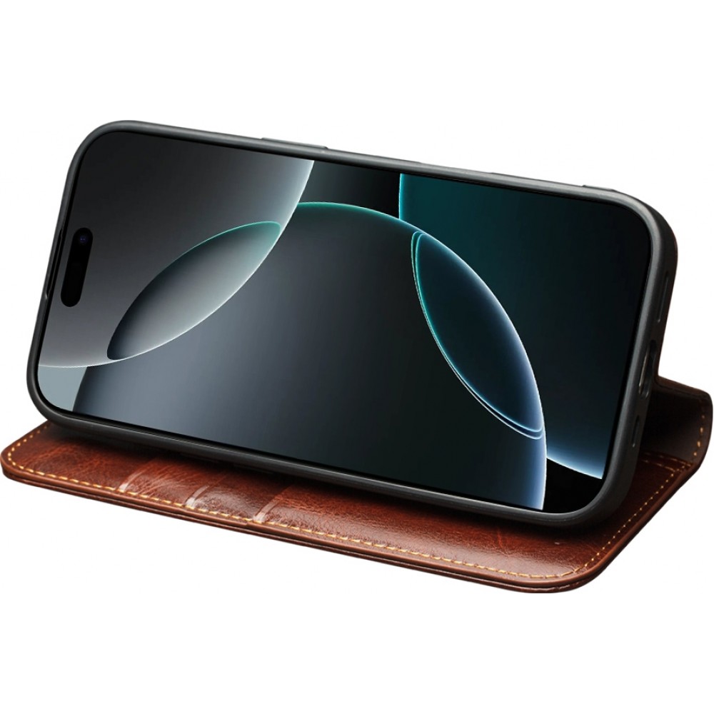 iPhone 17 Pro Case Hülle - Qialino Flip Classic Wallet Echtleder - Braun