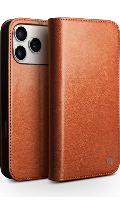 iPhone 17 Pro Case Hülle - Qialino Flip Classic Wallet Echtleder - Hellbraun