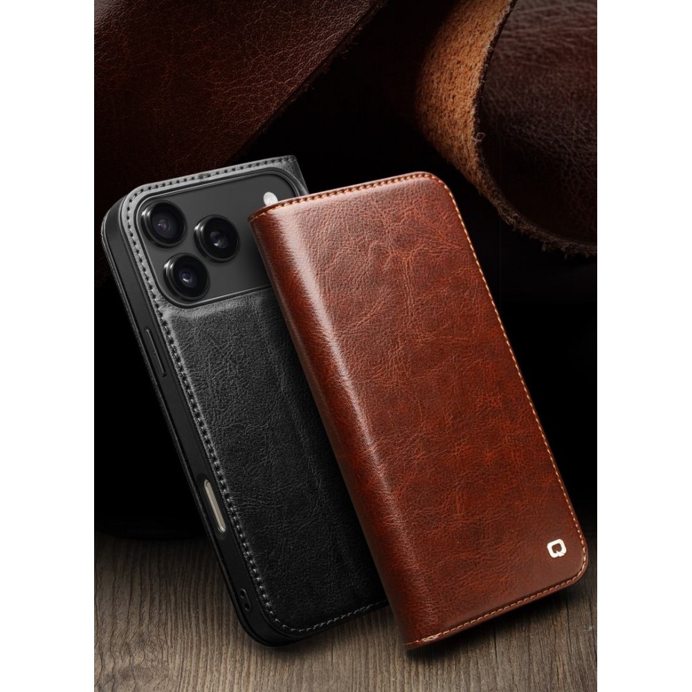 iPhone 17 Pro Case Hülle - Qialino Flip Classic Wallet Echtleder - Hellbraun