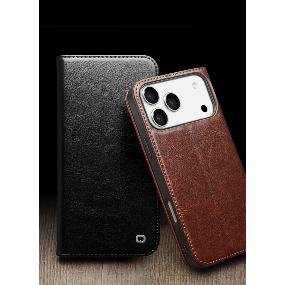 iPhone 17 Pro Case Hülle - Qialino Flip Classic Wallet Echtleder - Hellbraun