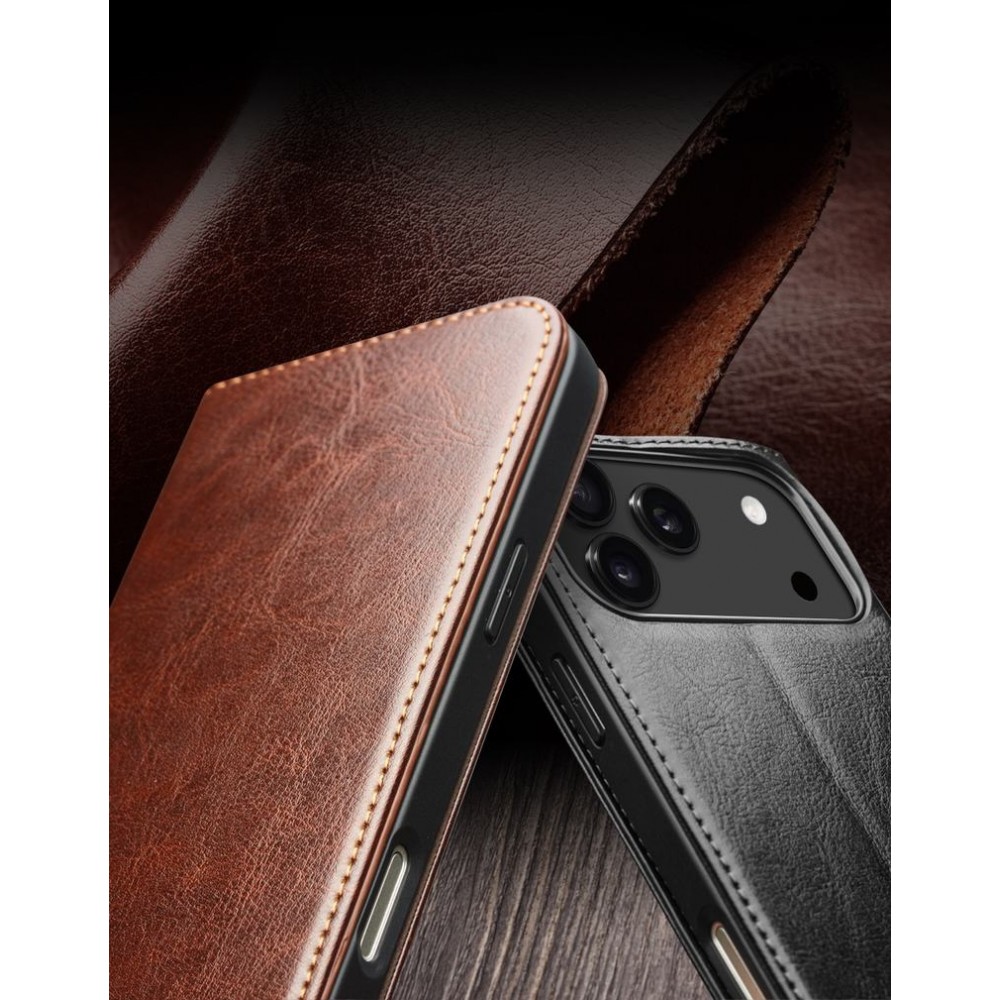iPhone 17 Pro Case Hülle - Qialino Flip Classic Wallet Echtleder - Hellbraun