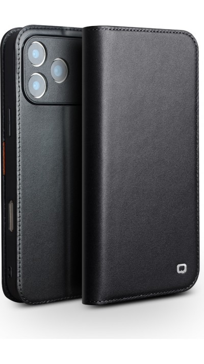 iPhone 17 Pro Case Hülle - Qialino Flip Matt Wallet Echtleder - Schwarz