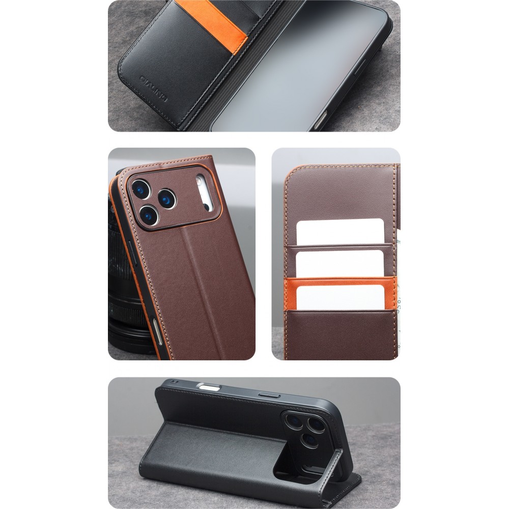 iPhone 17 Pro Case Hülle - Qialino Flip Matt Wallet Echtleder - Schwarz