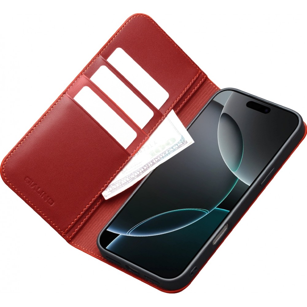 iPhone 17 Pro Case Hülle - Qialino Flip Matt Wallet Echtleder - Rot