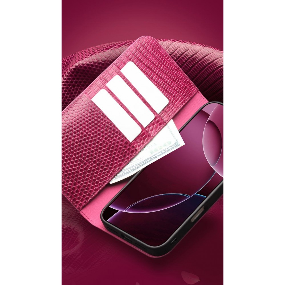 iPhone 17 Pro Max Case Hülle - Qialino Croco Flip Echtleder - Rosa