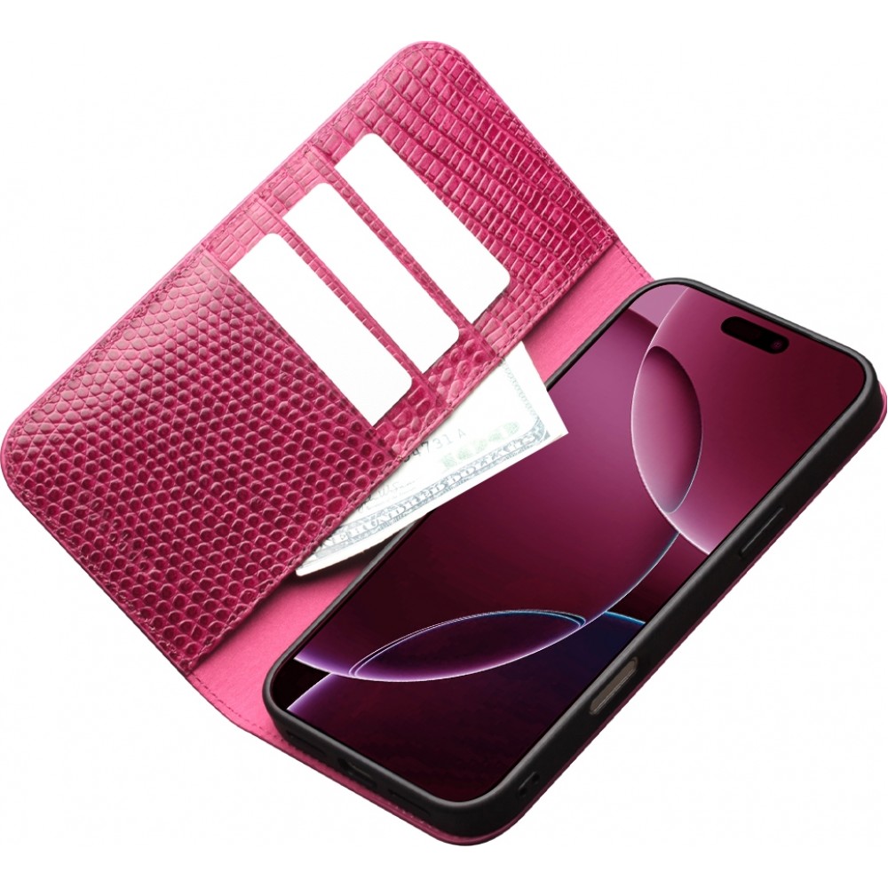 iPhone 17 Pro Max Case Hülle - Qialino Croco Flip Echtleder - Rosa