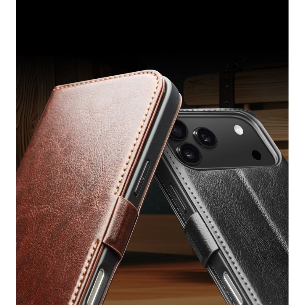 iPhone 17 Pro Max Case Hülle - Flip Qialino Echtleder mit magnetischem Verschluss - Braun