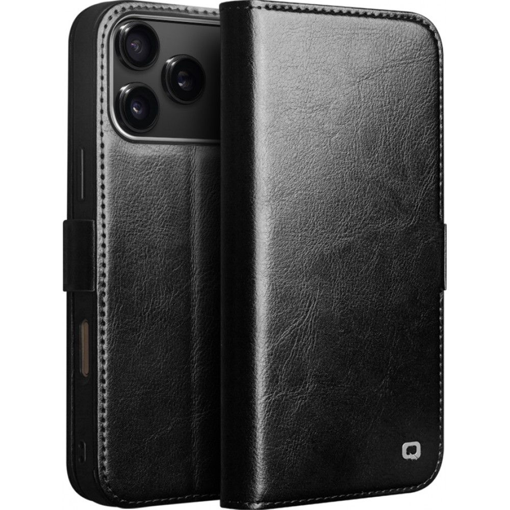 iPhone 17 Pro Max Case Hülle - Flip Qialino Echtleder mit magnetischem Verschluss - Schwarz