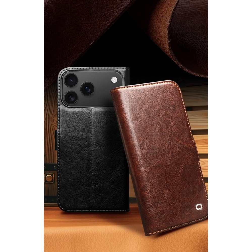 iPhone 17 Pro Max Case Hülle - Flip Qialino Echtleder mit magnetischem Verschluss - Schwarz