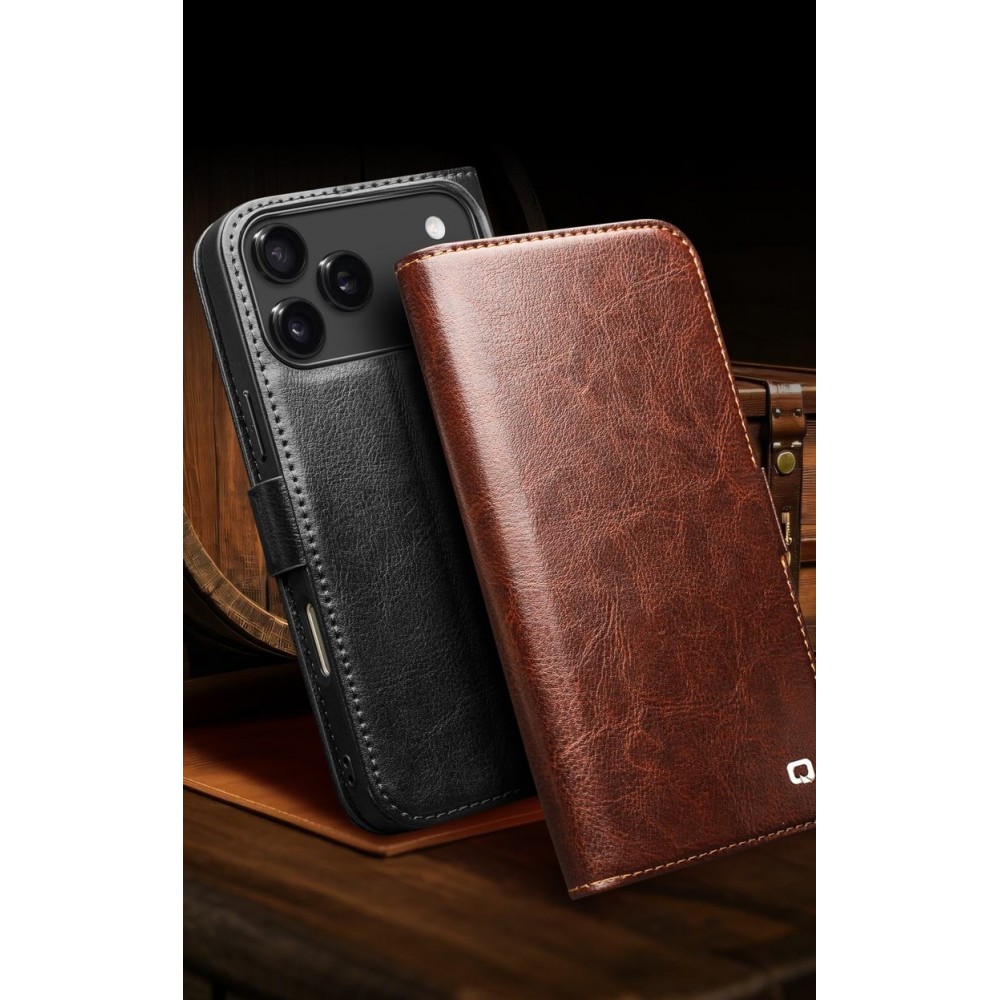 iPhone 17 Pro Max Case Hülle - Flip Qialino Echtleder mit magnetischem Verschluss - Schwarz
