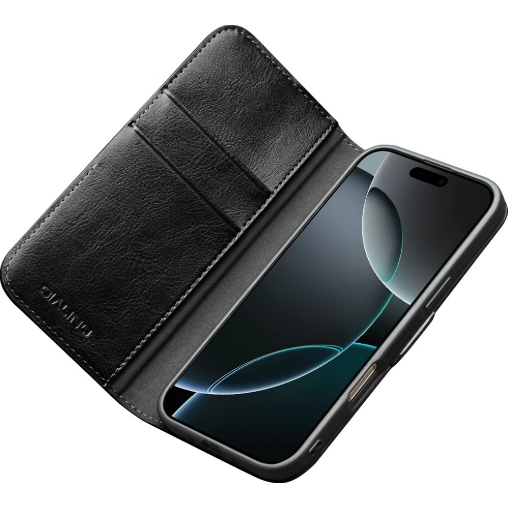 iPhone 17 Pro Max Case Hülle - Flip Qialino Echtleder mit magnetischem Verschluss - Schwarz