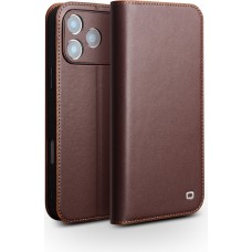 Fourre iPhone 17 Pro Max - Flip Qialino Matt Wallet cuir véritable - Brun foncé mat
