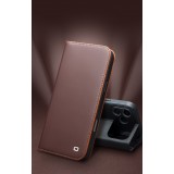 Fourre iPhone 17 Pro Max - Flip Qialino Matt Wallet cuir véritable - Brun foncé mat