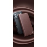 Fourre iPhone 17 Pro Max - Flip Qialino Matt Wallet cuir véritable - Brun foncé mat