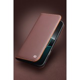 Fourre iPhone 17 Pro Max - Flip Qialino Matt Wallet cuir véritable - Brun foncé mat