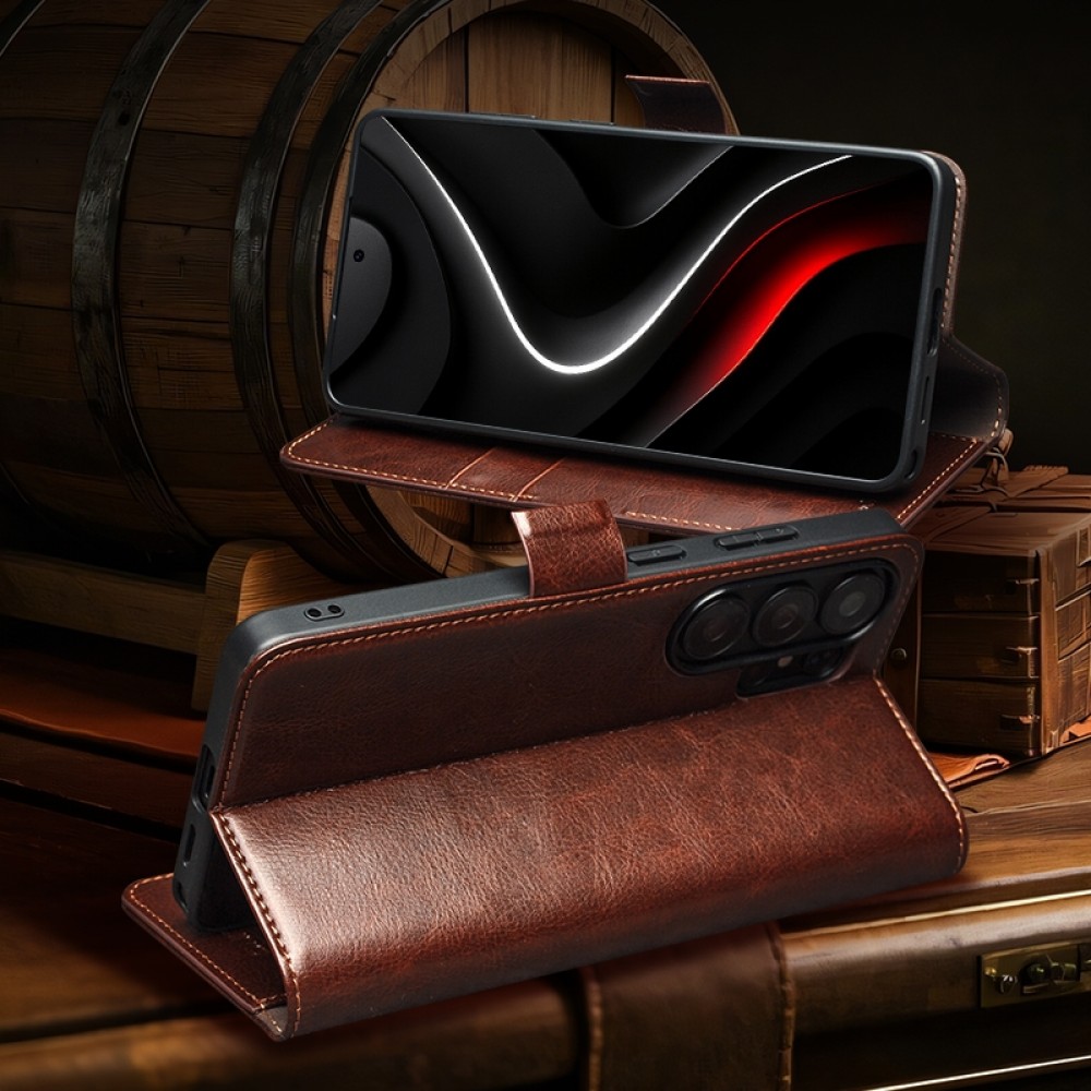Samsung Galaxy S26 Case Hülle - Flip Qialino Echtleder mit magnetischem Verschluss - Braun