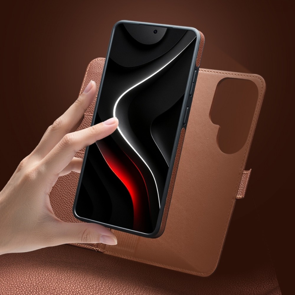 Samsung Galaxy S26 Ultra Case Hülle - Flip Qialino Echtleder matt mit magnetischem Verschluss - Mattgrün