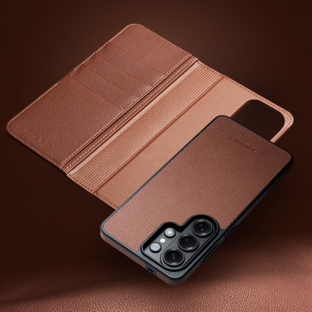 Samsung Galaxy S26 Ultra Case Hülle - Flip Qialino Echtleder matt mit magnetischem Verschluss - Mattgrün