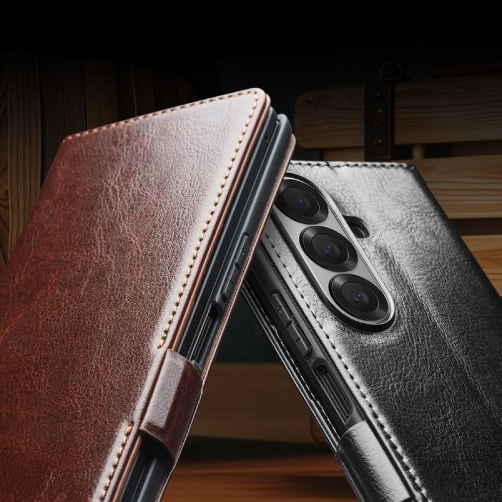 Samsung Galaxy Z Fold7 Case Hülle - Flip Qialino Echtleder mit magnetischem Verschluss - Dunkelbraun