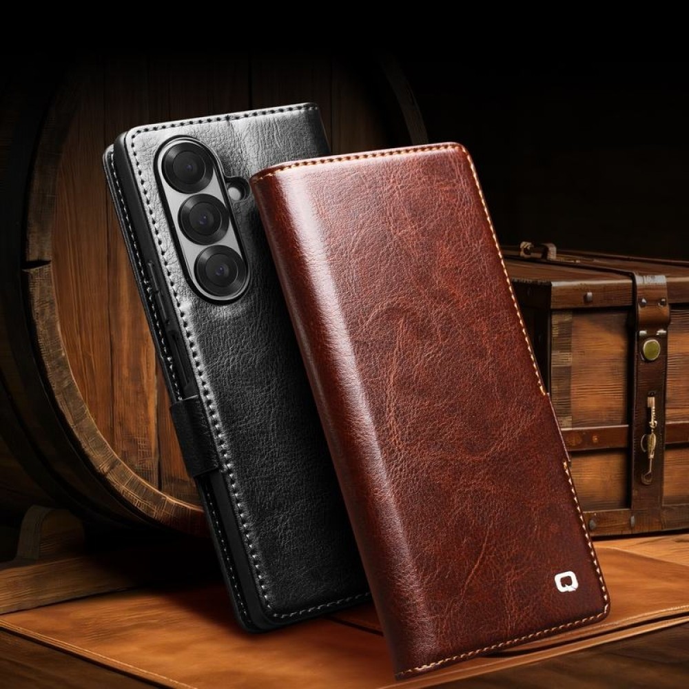 Samsung Galaxy Z Fold7 Case Hülle - Flip Qialino Echtleder mit magnetischem Verschluss - Schwarz