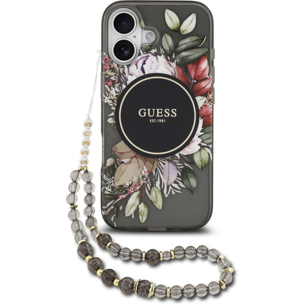 Coque iPhone 17 - Guess IML fleurs avec chaîne poignet compatible MagSafe protection élégante et tendance - Noir