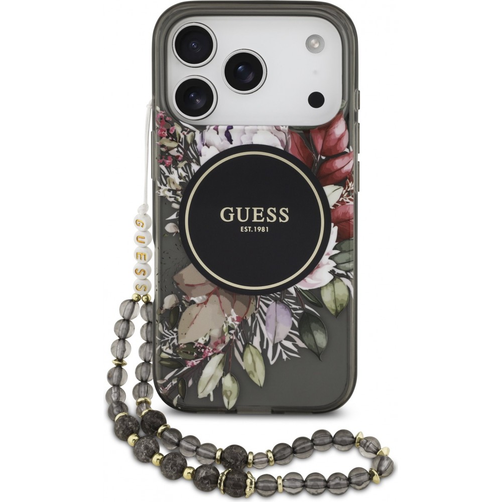 iPhone 17 Pro Case Hülle - Guess IML Blumen mit Handgelenk-Kette, kompatibel mit MagSafe, elegante und trendige Schutzhülle - Schwarz