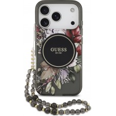 iPhone 17 Pro Case Hülle - Guess IML Blumen mit Handgelenk-Kette, kompatibel mit MagSafe, elegante und trendige Schutzhülle - Schwarz