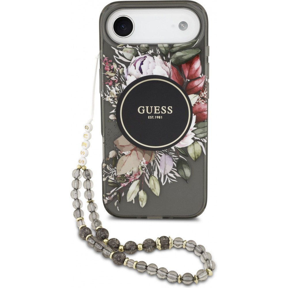 iPhone Air Case Hülle - Guess IML Blumen mit Handgelenk-Kette, kompatibel mit MagSafe elegante und trendige Schutzhülle - Schwarz