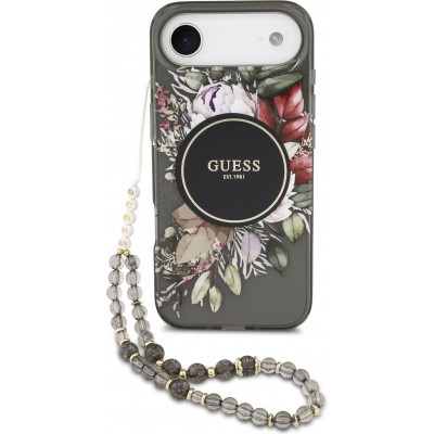 iPhone Air Case H&uuml;lle - Guess IML Blumen mit Handgelenk-Kette, kompatibel mit MagSafe elegante und trendige Schutzh&uuml;lle - Schwarz