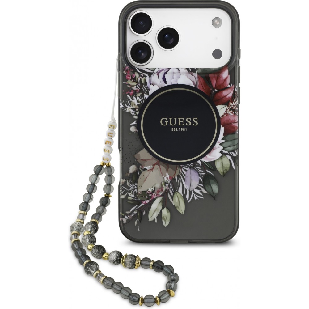 Coque iPhone 17 Pro Max - Guess IML fleurs avec chaîne poignet compatible MagSafe protection élégante et tendance - Noir