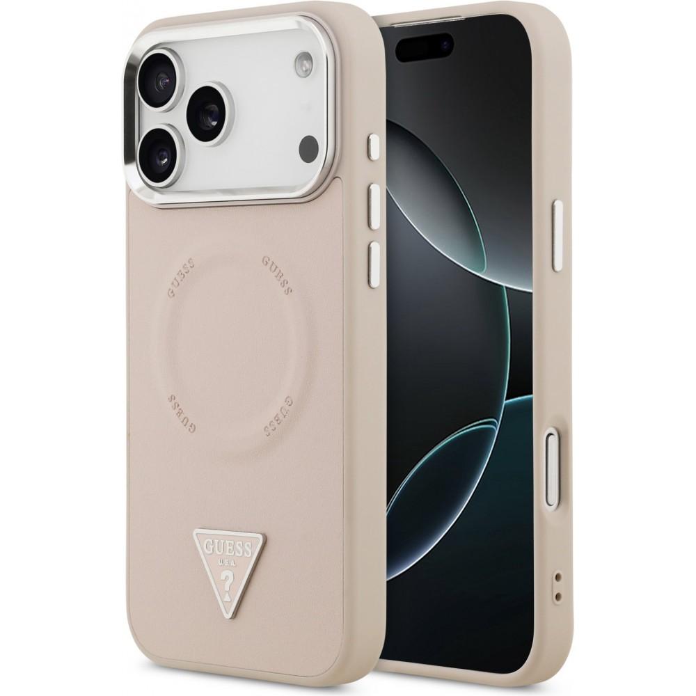 iPhone 17 Pro Max Case Hülle - Guess MagSafe PU-Leder mit Triangel-Logo und silbernem Kamerarahmen - Rosa