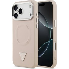 iPhone 17 Pro Max Case Hülle - Guess MagSafe PU-Leder mit Triangel-Logo und silbernem Kamerarahmen - Rosa