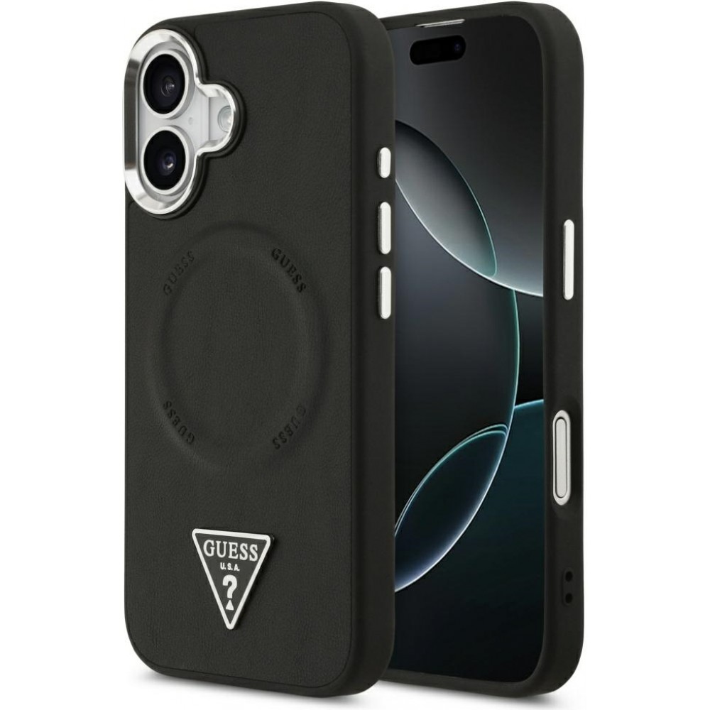 iPhone 17 Case Hülle - Guess MagSafe PU-Leder mit Triangel-Logo und silbernem Kamerarahmen - Schwarz