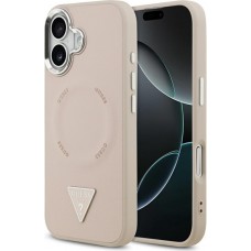 iPhone 17 Case Hülle - Guess MagSafe PU-Leder mit Triangel-Logo und silbernem Kamerarahmen - Rosa