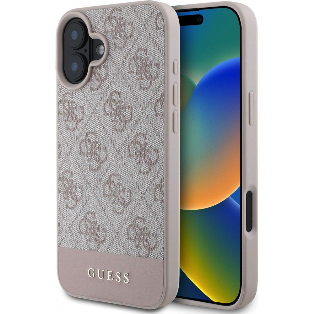 iPhone 16 Case Hülle - Guess 4G Muster mit goldenem 3D-Logo - Rosa