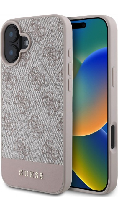 iPhone 16 Case Hülle - Guess 4G Muster mit goldenem 3D-Logo - Rosa