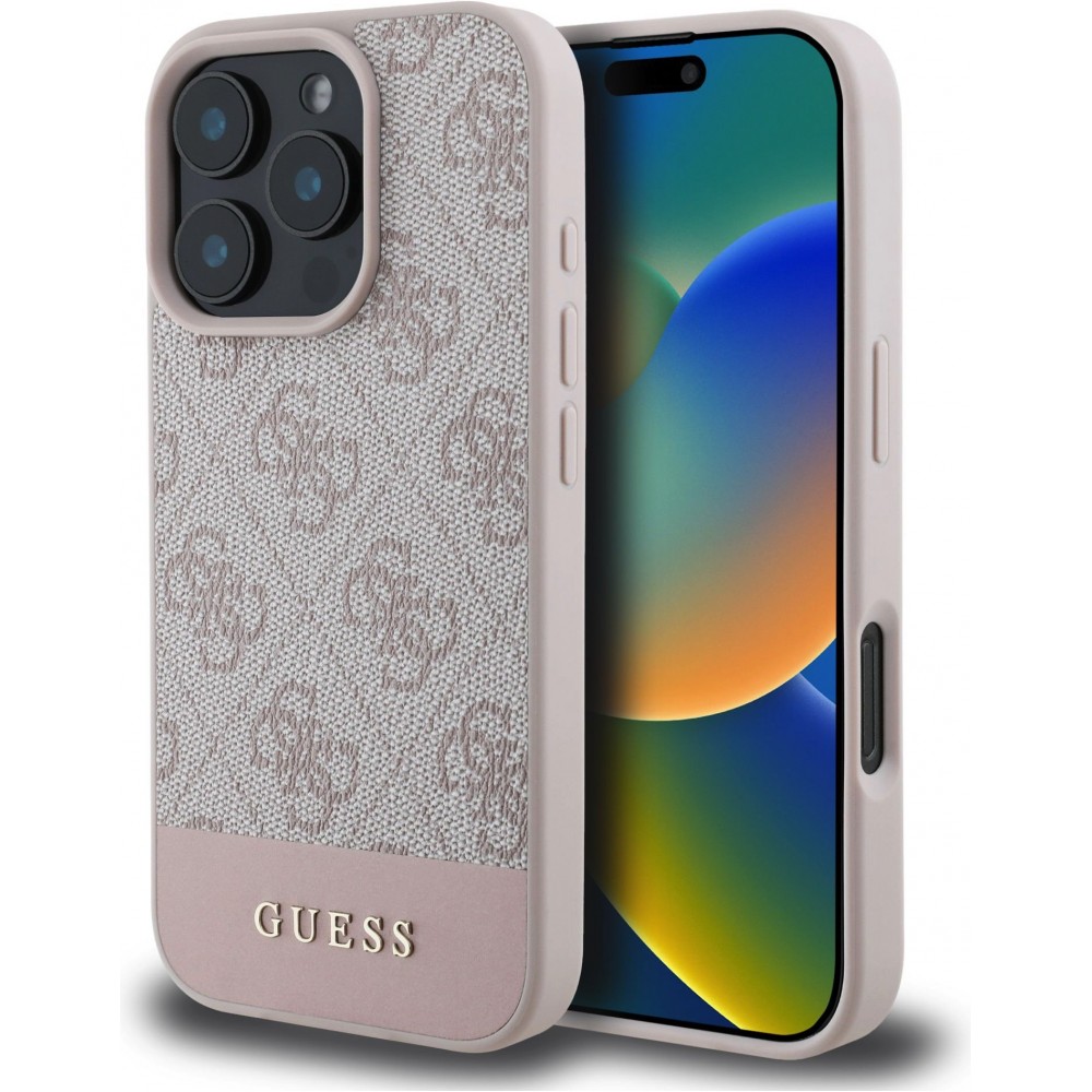 iPhone 16 Pro Max Case Hülle - Guess 4G Muster mit goldenem 3D-Logo - Rosa