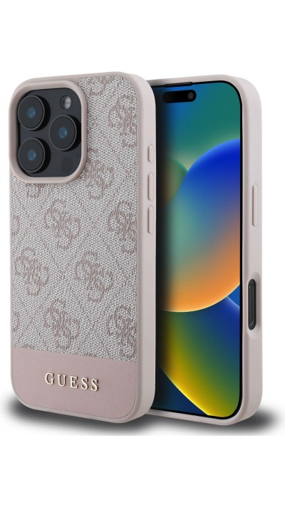 iPhone 16 Pro Max Case Hülle - Guess 4G Muster mit goldenem 3D-Logo - Rosa