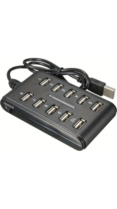 USB Hub 10 Ports mit Doppel-Schalter Kunststoff ABS für Home Office und Gaming - Schwarz