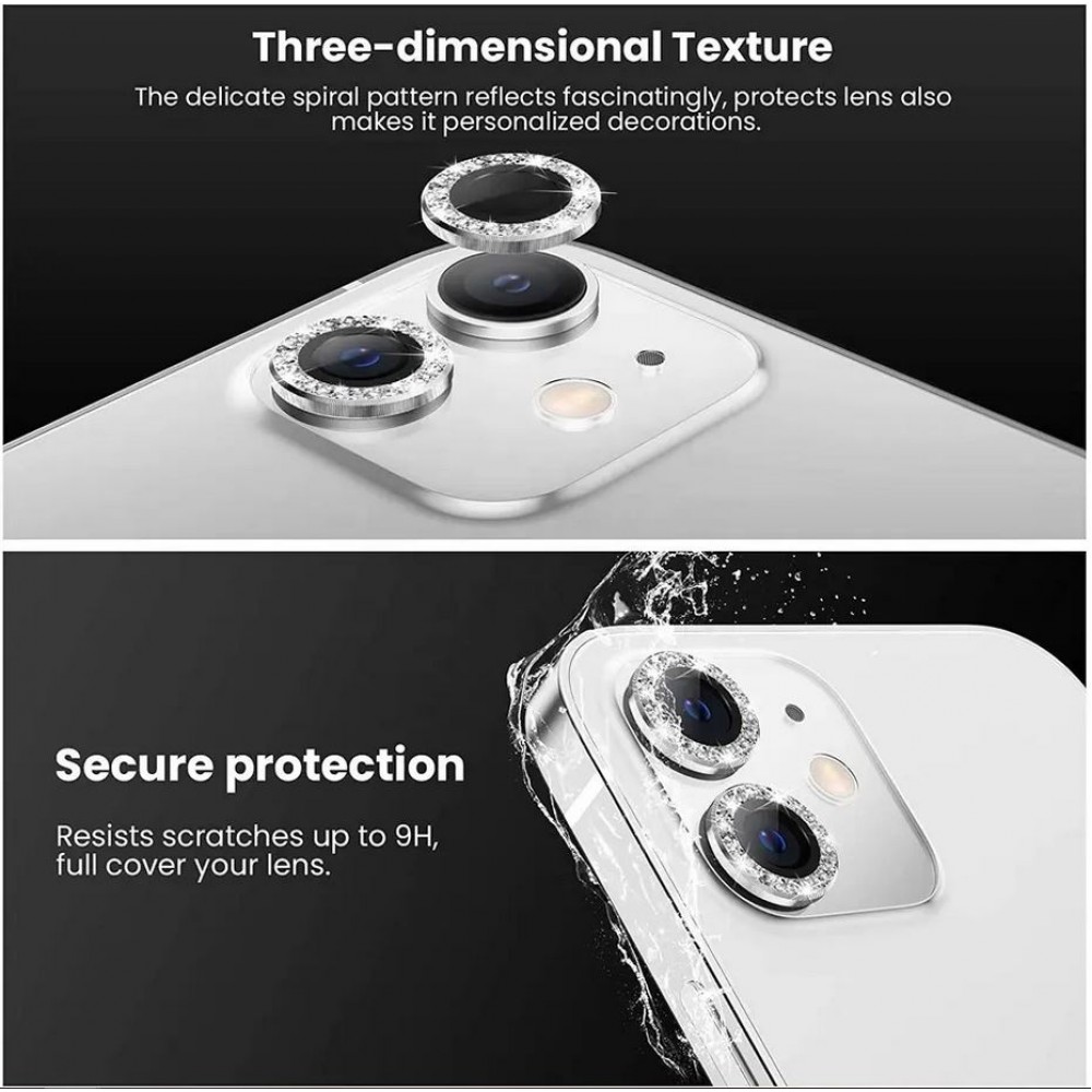 iPhone 12 / 12 Pro - Schutzringe für Kamera Linsen iPhone mit Glitzernden Diamanten - Silber