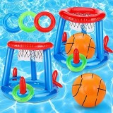2 in 1 Poolspiel Set schwimmender Basketballkorb & Ringwurfspiel Wasserspielzeug für Sommer Kinder & Erwachsene - Blau