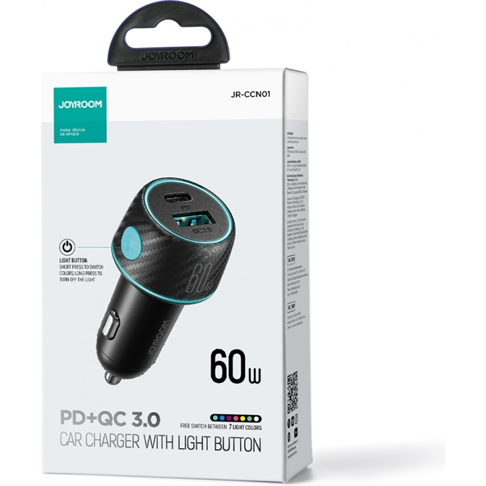 Joyroom JR-CCN01 60W Multicolor Autoladegerät 1A + 1C mit Schnelllade-Taste Multiport - Schwarz