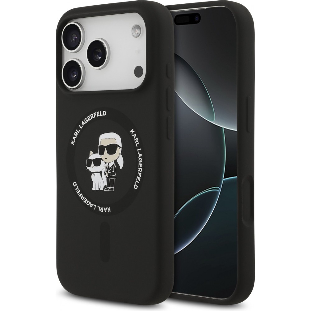 iPhone 17 Pro Case Hülle - Karl Lagerfeld Silikonhülle mit Karl und Choupette Design, MagSafe-kompatibel - Schwarz