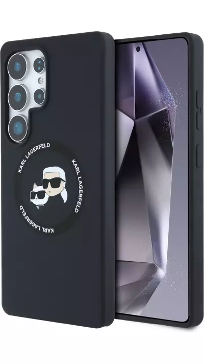 Galaxy S25 Ultra Case H&uuml;lle - Karl Lagerfeld Silikonh&uuml;lle mit Karl und Choupette Design, MagSafe-kompatibel - Schwarz