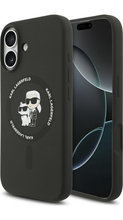 iPhone 17 Case Hülle - Karl Lagerfeld Silikonhülle mit Karl und Choupette Design, MagSafe-kompatibel - Schwarz