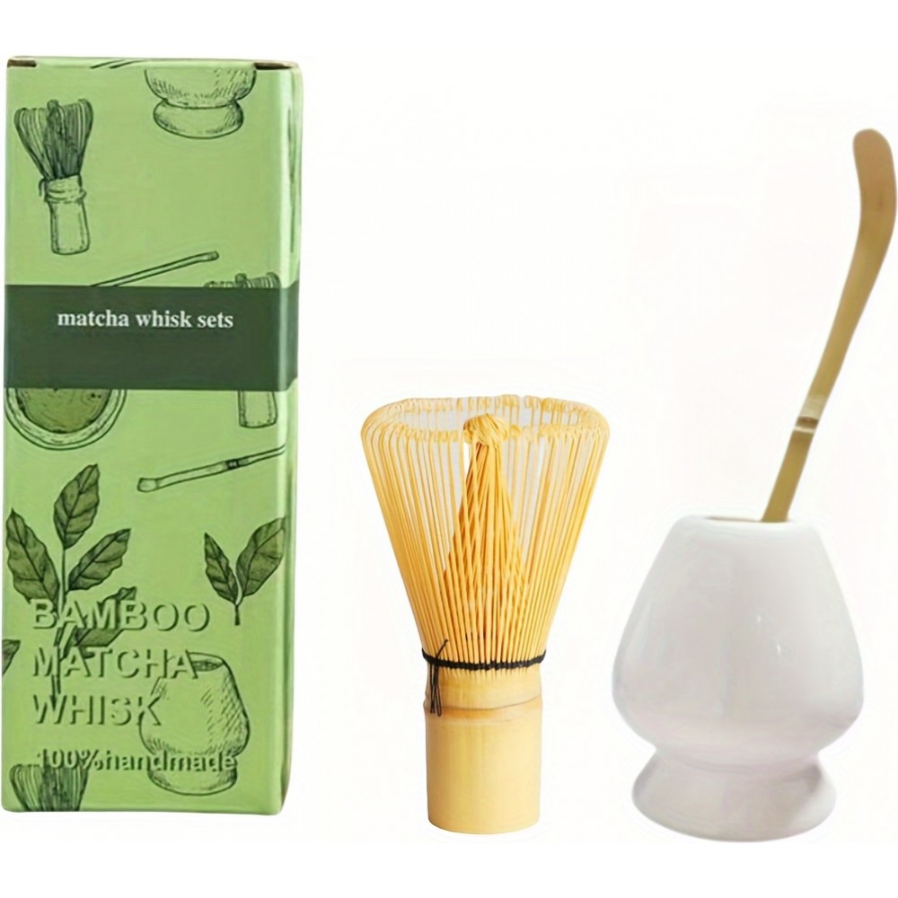 Traditionelles 3-teiliges Japanisches Matcha-Set mit Bambusbesen + Keramikhalter + Bambusl&ouml;ffel - Weiss
