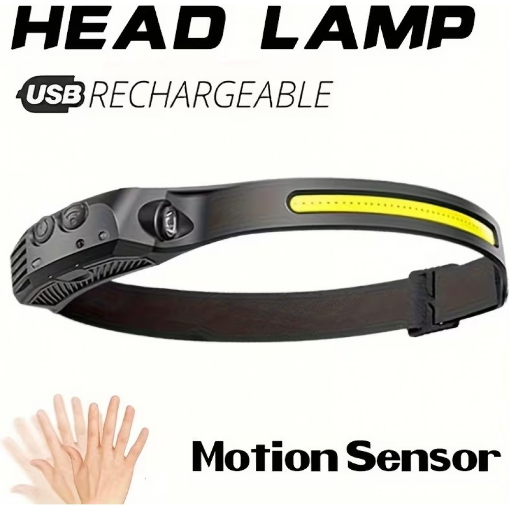 Wiederaufladbare LED Stirnlampe mit Bewegungssensor und 5 Lichtmodi - Schwarz