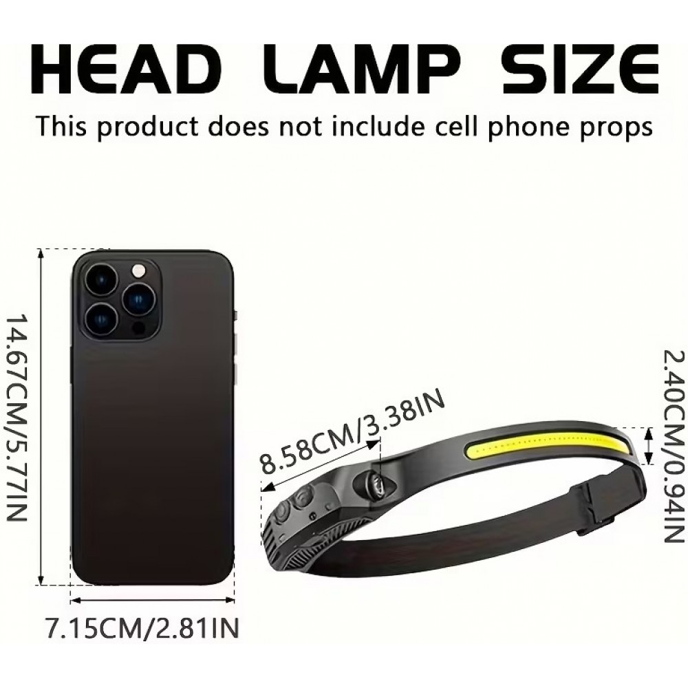 Wiederaufladbare LED Stirnlampe mit Bewegungssensor und 5 Lichtmodi - Schwarz